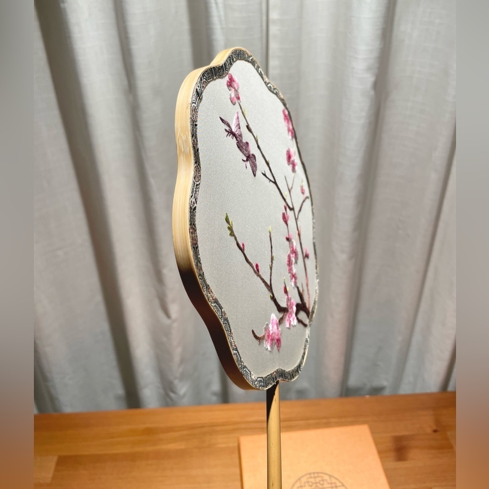 Handsewn Suzhou Embroidery Double Sided Hand Fan Cherry Blossom Butterfly Bamboo - Picture 5 of 16